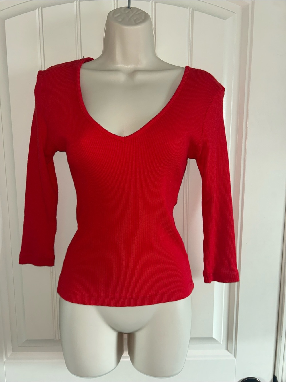 NWT Hard Tail Red Ribbed V-Neck Long Sleeve Top Sz S